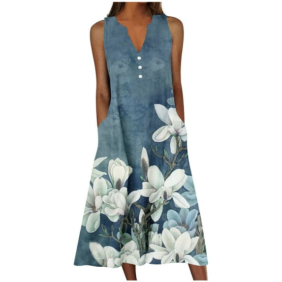 FAVIPT Beach Sundresses for Women 2025 Vacation Casual Plus Size Midi Sun Dress Loose Flowy Dress Summer Boho Long Dresses Trendy Navy,XXL