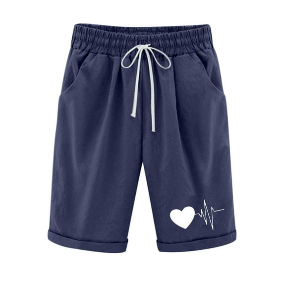 FAVIPT Bermuda Shorts for Women Knee Length Lightweight Print Shorts Linen Drawstring Elastic Waist Shorts Lounge Trendy Summer 2025 Shorts with Pockets Dark Blue,S