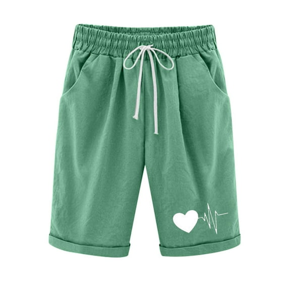 FAVIPT Bermuda Shorts for Women Plus Size Loose Fit Shorts Cute Print Cotton Linen Shorts Knee Length Drawstring Lounge Shorts with Pockets Summer 2025 Green,XXXXXL