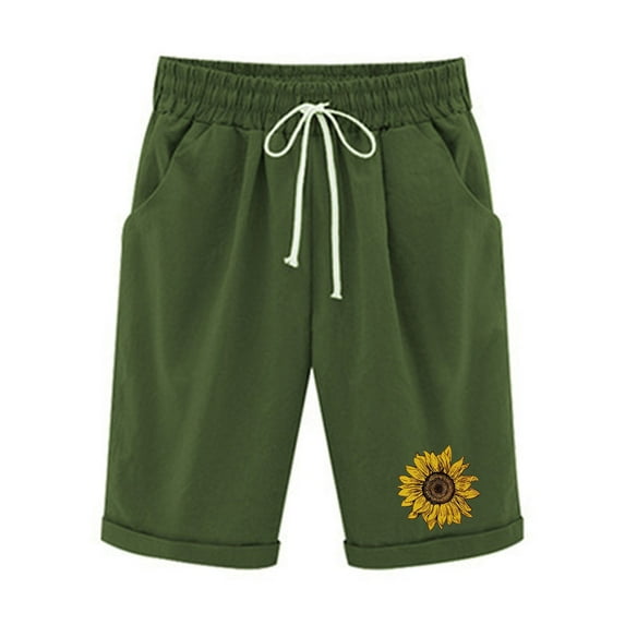 FAVIPT Bermuda Shorts for Women Plus Size Loose Fit Shorts Cute Print Cotton Linen Shorts Knee Length Drawstring Lounge Shorts with Pockets Summer 2025 Green,XL