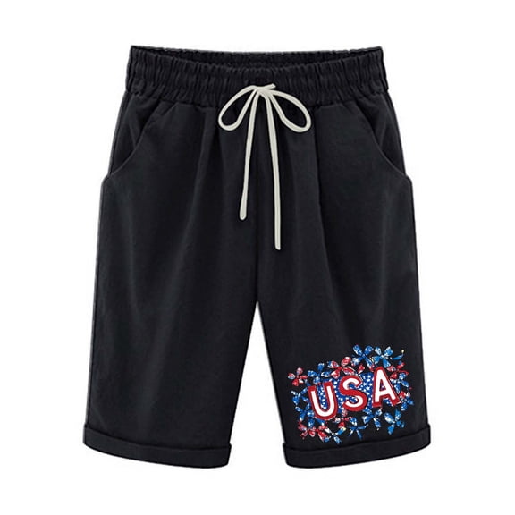 FAVIPT Bermuda Shorts for Women Tummy Control High Waist Short 4th of July Patriotic Print Short with Pockets Lounge Summer 2025 Short Black,XXL
