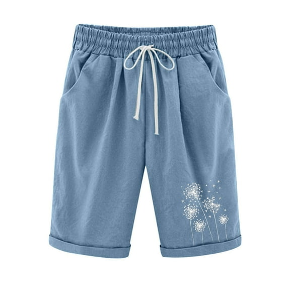FAVIPT Bermuda Women's Casual Shorts Casual Trendy Summer 2025 Shorts Knee Length Walking Hiking Shorts Drawstring Elastic Waist Lightweight Shorts Light Blue,XXXL