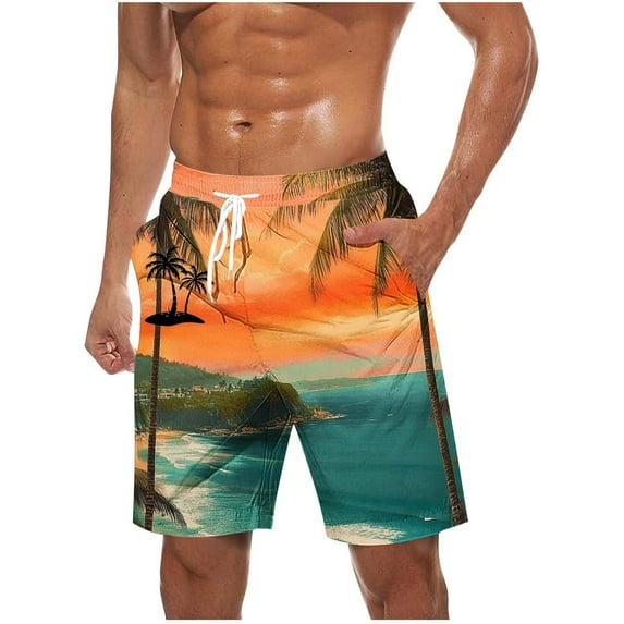 FAVIPT Big and Tall Vacation Shorts for Men Hawaiian Style Casual Summer Swim Trunks Drawstring Stretch Waist Board Shorts with Pockets 2025 Orange,XXXL