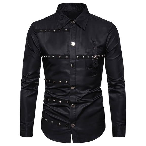FAVIPT Big and Tall Gothic Tops for Men Long Sleeve Button Down Shirts Lapel Plain Rivet Shirt Black,L