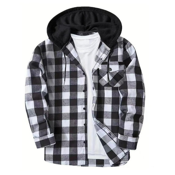 FAVIPT Big and Tall Plaid Hooded Jackets for Men Casual Long Sleeve Sweatshirt Button Down Lightweight Fall Shacket with Pockets Gray,XXXXXL