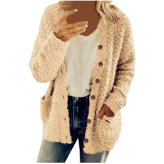 FAVIPT 2024 Fleece Cardigan Sweaters for Women Soft Long Sleeve Jacket with Pockets Button Down Open Front Fall Clothes