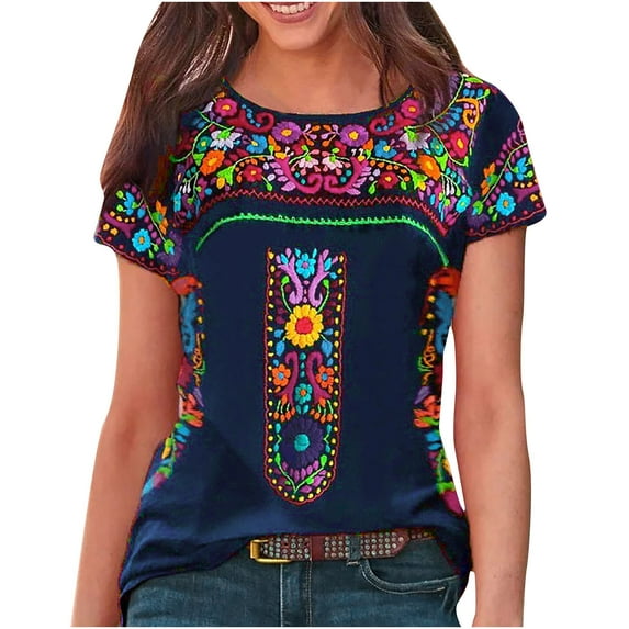 FAVIPT Bohemian Tshirts Shirts for Women Summer Retro Floral Embroidery Short Sleeve Tops Crew Neck Tee Shirts Blouses Relaxed Fit Pullover Shirt
