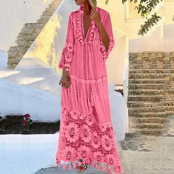 FAVIPT Boho Maxi Dresses for Women Bohemian Print V Neck Long Sleeve Plus Size Dress Lace Solid Color Tiered Loose Swing Dress