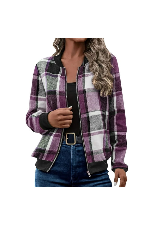 Bomber Jackets for Women Long Sleeve Plaid Print Coats Zip Up Casual Fall Loose Jackets no Hood Purple,L