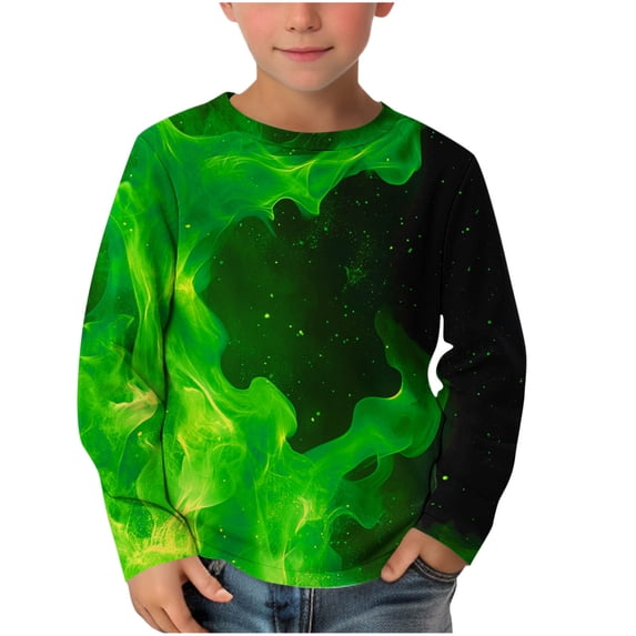 FAVIPT Boys Long Sleeve Shirts Flame Print Crew Neck Colorful T-Shirts Casual Loose Trendy Graphic Pullover Tees Green,4 Years