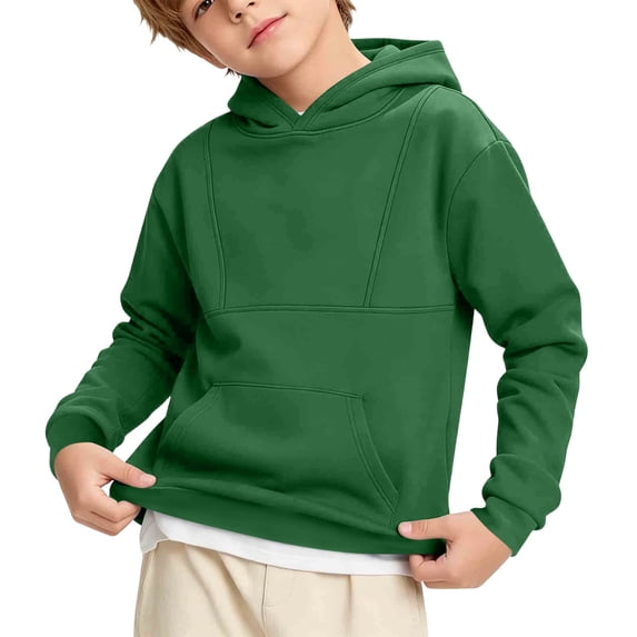 FAVIPT Boys Pullover Hoodies Long Sleeve Hooded Sweatshirts with Kangaroo Pocket Casual Solid Color Fall Winter Basic Tops Green,13 Years