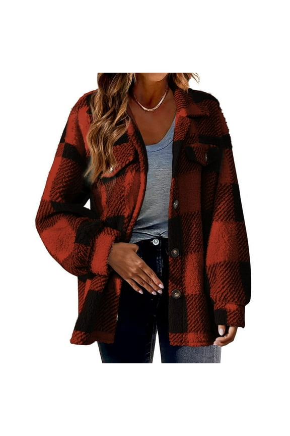 Buffalo Plaid Coat Women Womens Fleece Plaid Jacket 2024 Fuzzy Shacket Jacket Long Sleeve Button Down Warm Winter Coats Sherpa Lined Jackets Red L