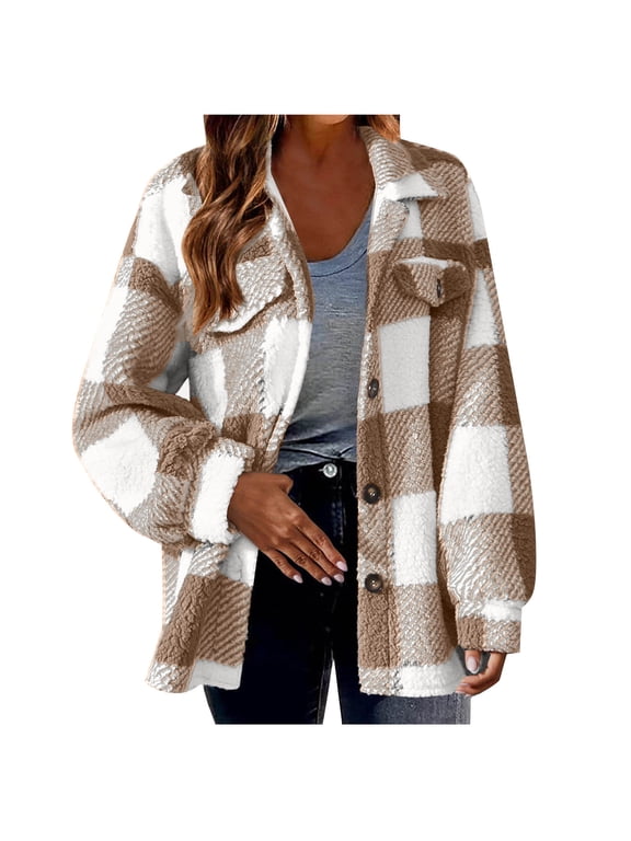 Buffalo Plaid Jacket Women,Flannel Jacket Women Button Down Sherpa Fleece Jackets Plus Size Plaid Shacket Soft Fluffy Fuzzy Outerwear Brown,XL
