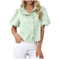 thumbnail image 1 of FAVIPT Business Shirts Women Striped Ruffle Collar Casual Tees Puff Short Sleeve Button Down Summer Tops Green,XL, 1 of 7