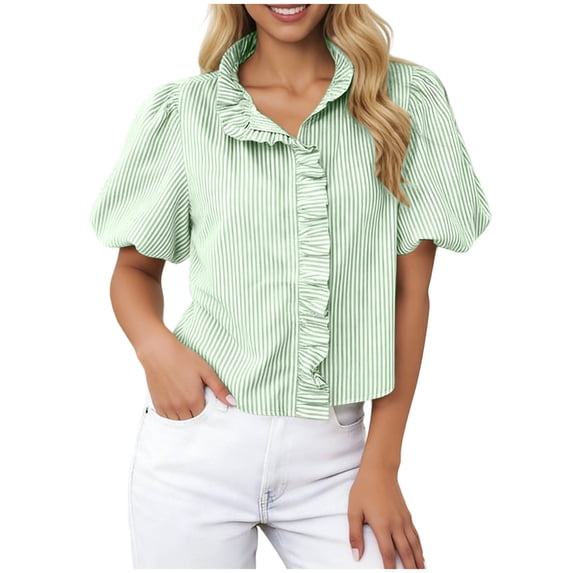 FAVIPT Business Shirts Women Striped Ruffle Collar Casual Tees Puff Short Sleeve Button Down Summer Tops Green,XL