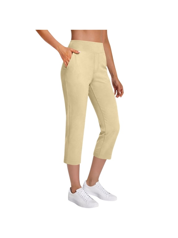 Capri Pants for Women High Waist Straight Leg Solid Capris Golf Business Casual Travel Cropped Pants with Pockets Beige,S
