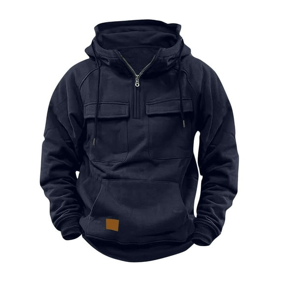 FAVIPT Cargo Hoodies for Men Long Sleeve Tactical Hoodie Spring Outdoor Casual Quarter Zip Pullover Workout Hiking Hooded Sweatshirt with Pockets 2025 Dark Blue,XXL