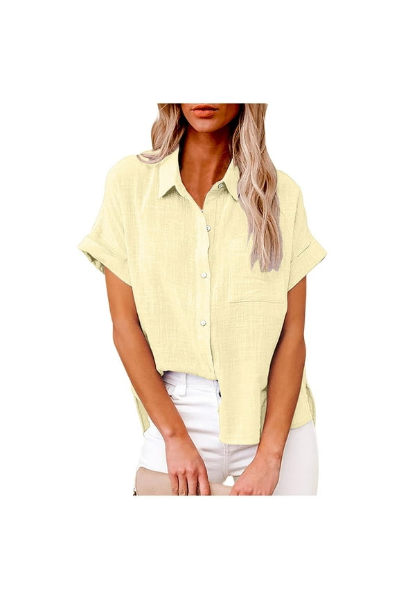 Casual Cotton and Linen Button Down Shirts for Women Plus Size Lapel V Neck Short Sleeve Summer Blouse Top Plain Tees with Pocket
