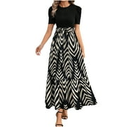 FAVIPT Casual Dressy Dresses for Women Elegant Floral Print Maxi Dress Short Sleeve Round Neck Dresses Flowy Trendy Summer 2025 Dress Black,L