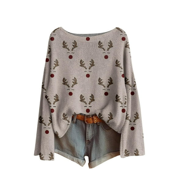 FAVIPT Christmas Sweaters for Women Boho Oversized Reindeer Print Sweater Casual Fashion Long Sleeve Tops Boat Neck Western Ethnic Knitted Pullover Gray,L