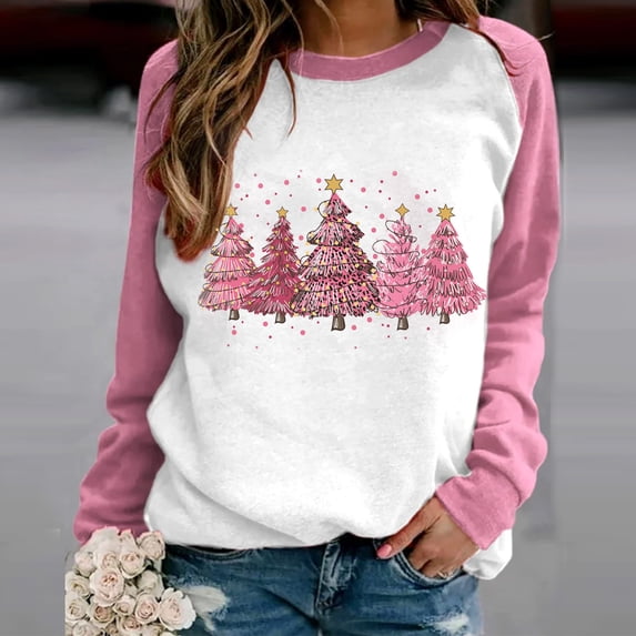 FAVIPT Christmas Sweatshirts for Women 2023 Plus Size,Women Crewneck Christmas Sweatshirt Pink Christmas Glitter Tree Print Top Long Sleeve Xmas Holiday Shirt Pullover