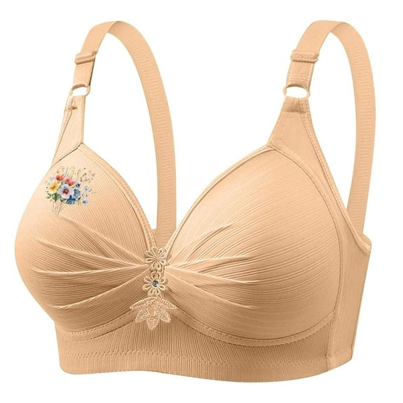FAVIPT Comfort Bras Women Wireless Floral Print Daily Underwear Breathable Adjustable Bralettes for Old Women 2025 Beige,XS