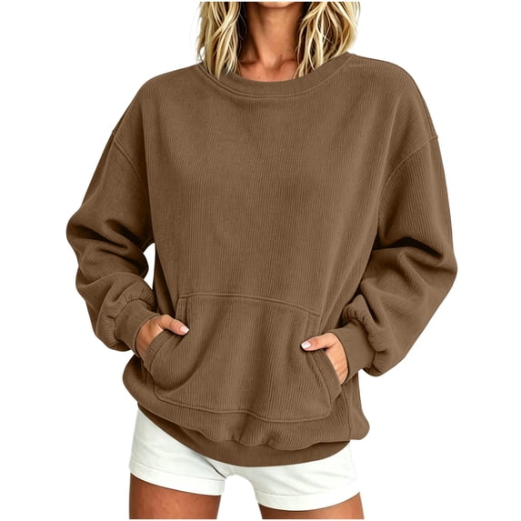 FAVIPT Corduroy Sweatshirts for Women Ribbed Long Sleeve Crewneck Tops with Kangaroo Pocket Casual Fall Winter Pullover No Hood Coffee,M