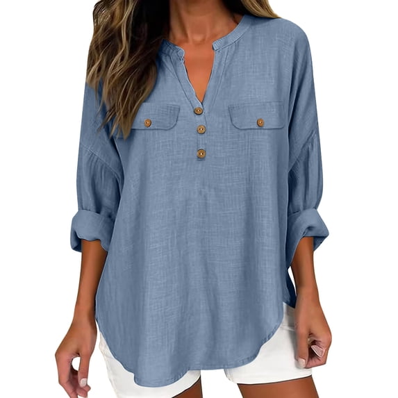 FAVIPT Cotton Casual Blouses for Women Henley V Neck Gauze Chest Pocket Shirts Rolled Up Long Sleeve Curved Hem Tops Light Blue,XL