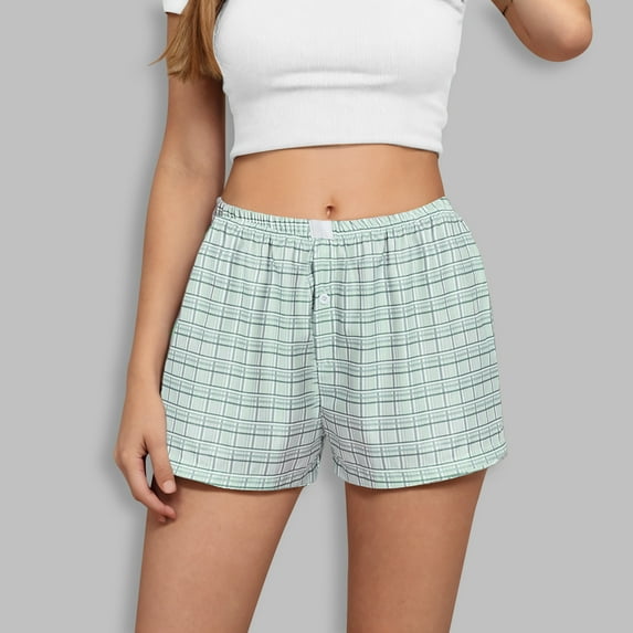 FAVIPT Cotton Gingham Shorts Women Linen Elastic High Waisted Boxer Shorts Wide Leg Casual Summer Lounge Bottoms Dark Gray,S
