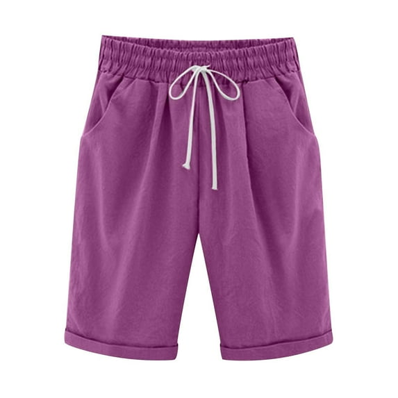 FAVIPT Cotton Linen Bermuda Shorts for Women Knee Length Elastic Waist Shorts Drawstring Plain Shorts Lounge Summer 2025 Comfy Shorts with Pockets 2025 Purple,XL