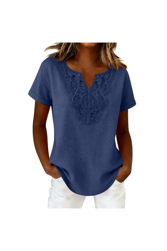 Cotton Linen Boho Tops Women Lace V Neck Short Sleeve Shirts Casual Loose Trendy Peasant Tunic Tees Navy,XL