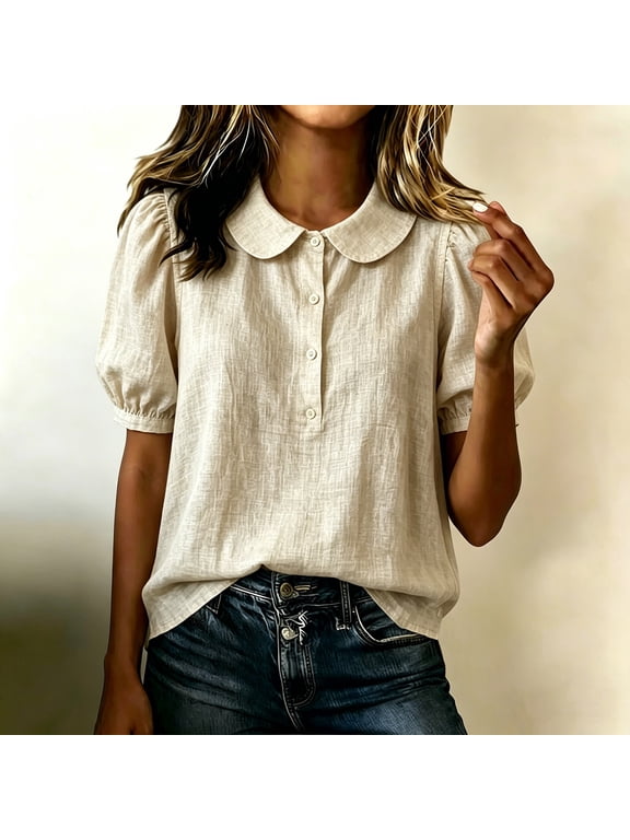 Cotton Linen Shirts for Women Peter Pan Collar Puff Sleeve Cute Tops Button Up Peasant Casual Dressy Blouses Beige,XL