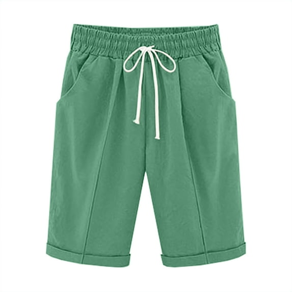 FAVIPT Cotton Linen Shorts for Women Loose Fit Knee Length Bermuda Shorts Drawstring Elastic Waist Shorts Plus Size Walking Lounge Shorts with Pockets Green,XXL