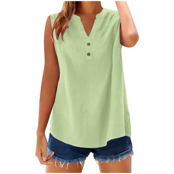 FAVIPT Cotton Linen Tank Tops for Women Plus Size Sleeveless V Neck Henley Plain Shirts 2026 Summer Casual Trendy Outfits Mint Green,XXXL