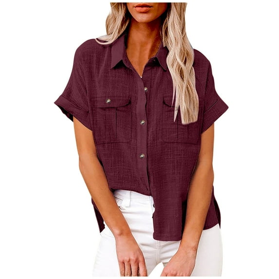 FAVIPT Cotton Linen Top for Women Roll Up Short Sleeve V Neck T Shirt Button Down Solid Color Gauze Tops Collared Casual Dressy Summer 2025 Blouses with Two Pockets Wine,S