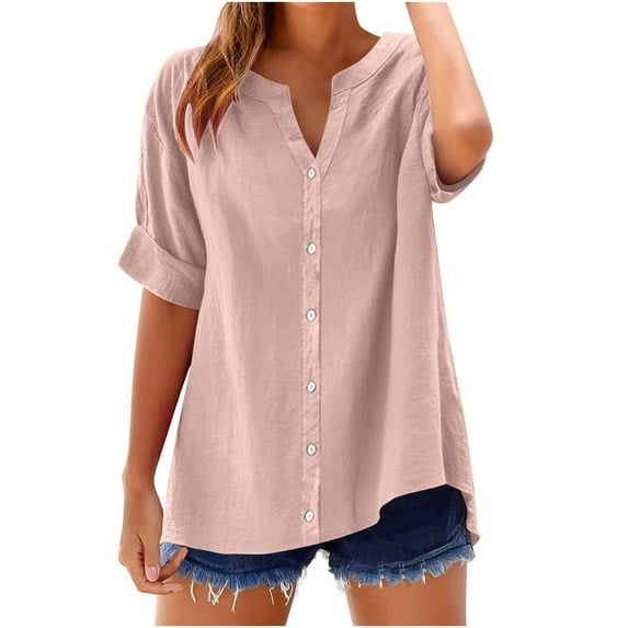 FAVIPT Cotton Linen Tops for Women V Neck Solid Color Shirts Roll Up Short Sleeve Blouses Slim Fit Casual Fashion Tees Summer 2025 Pink,XXL