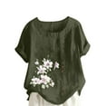thumbnail image 1 of FAVIPT Cotton Short Sleeve Blouses for Women Crew Neck Button Up Shirts Elegant Floral Print Boho Blouses Casual Trendy Summer 2025 Tees Army Green,M, 1 of 5