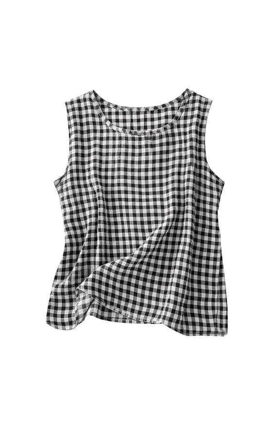 Cotton Tanks for Women Loose Fit Spring Summer Casual Flowy Shirts Gingham Crewneck Sleeveless Comfy Tops Black,XXL