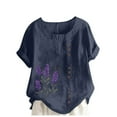 thumbnail image 1 of FAVIPT Cotton Top Women Summer Crew Neck Floral Print Blouses Short Sleeve Bohemian 2025 Tees Button Up Loose Camp Tops Navy,XXXXL, 1 of 4