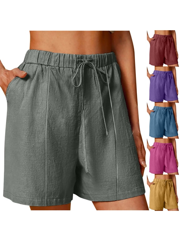 Cotton Yoga Shorts for Women Drawstring Elastic High Waisted Linen Shorts 7 Inch Beach Vacation Pockets Outfits Hot Pink,S