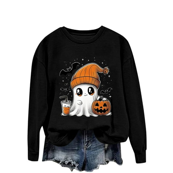 FAVIPT Crew Neck Sweatshirts Women Halloween Cute Ghost Pumpkin Graphic Pullover Long Sleeve Spooky Season Tops 2025 Fall Fashion Outfits Black,S