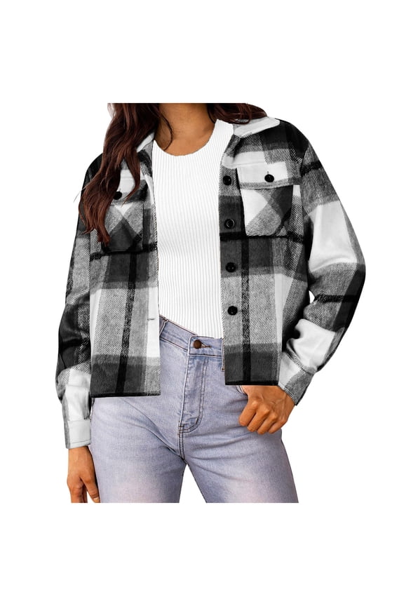 Crop Plaid Shacket Jacket Women Casual Fashion Fall Shacket Long Sleeve Button Down Lapel Jackets Lightweight Pockets Coats Black,XXL