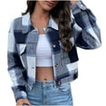 thumbnail image 1 of FAVIPT Crop Plaid Shacket Jacket Women Long Sleeve Turn Down Collar Tops Button Down Pockets Outerwear Casual Fashion Fall Winter Coats Dark Blue,XL, 1 of 4