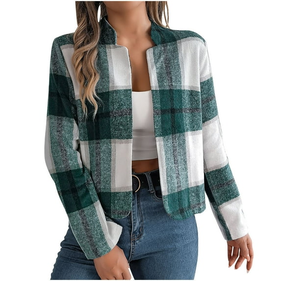 FAVIPT Crop Plaid Shacket Jacket Women Long Sleeve notch Collar Tops Button Down Pockets Outerwear Casual Fashion Fall Winter Coats Green,M