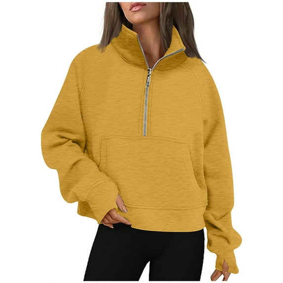 FAVIPT Cropped Half Zip Sweatshirt for Women Fleece Stand Collar Sweatshirt 2025 Fall Fashion Outfits for Tenn Girls Yellow,XXL