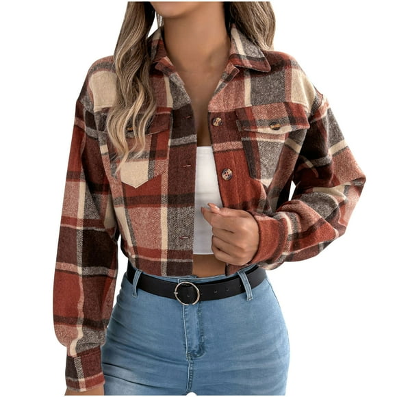 FAVIPT Cropped Jackets for Women Plaid Print Button Down Shirts Long Sleeve Turn Down Collar Tops Fall Winter Pockets Casual Outerwear Orange,S