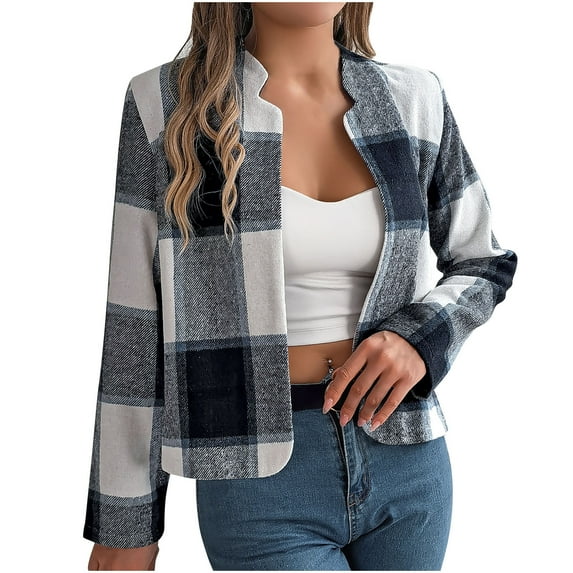 FAVIPT Cropped Jackets for Women Plaid Print Button Down Shirts Long Sleeve notch Collar Tops Fall Winter Pockets Casual Outerwear Navy,L