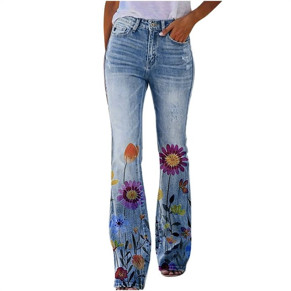 FAVIPT Denim Pants for Women,Women's Jeans Wide Leg,Womens Flare Bell Bottom Jeans High Waisted Stretch Embroidered Floral Printed Pants Casual Streetwear Boyfriend Denim Pants 2024,Purple L