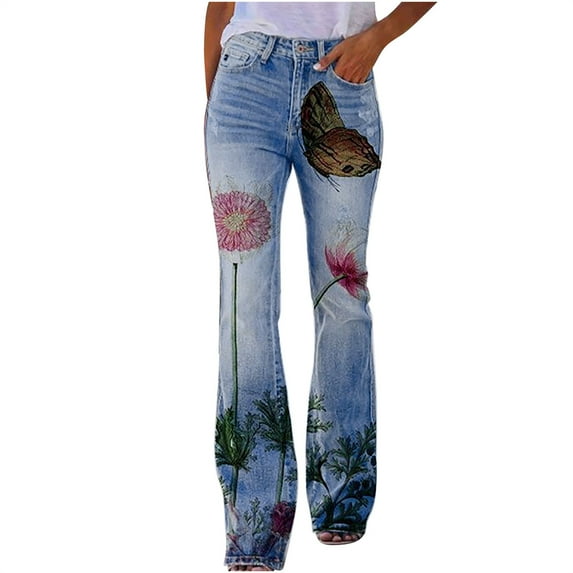 FAVIPT Denim Pants for Women,Women's Jeans Wide Leg,Womens Flare Bell Bottom Jeans High Waisted Stretch Embroidered Floral Printed Pants Casual Streetwear Boyfriend Denim Pants 2024,Blue L