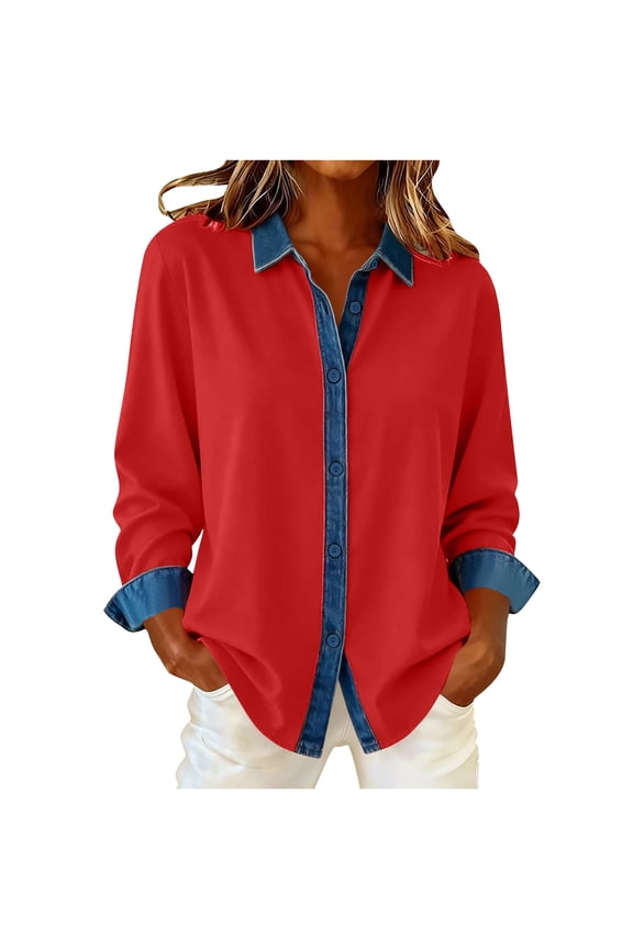 Denim Patchwork Shirt for Women Long Sleeve Button Down Lapel Shirts Business Casual Stitching Blouse Red,L